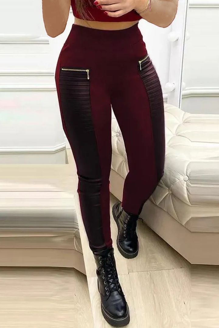 Faux Leather Pants With Contrasting Trim And Zipper