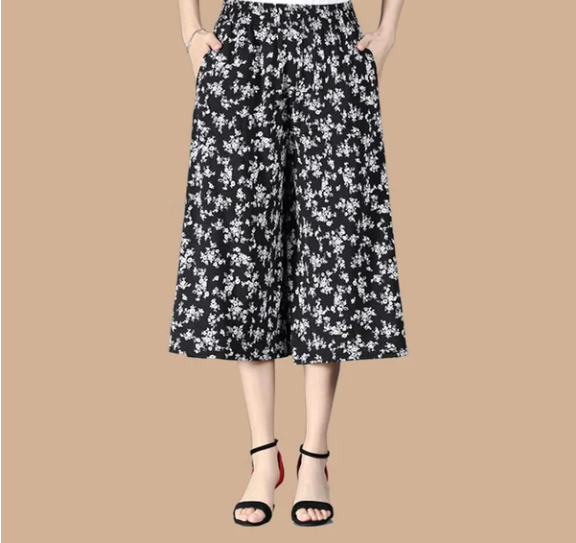 Women's High Elastic Waist Pleated Chiffon Wide Leg Culottes