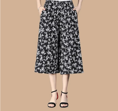 Women's High Elastic Waist Pleated Chiffon Wide Leg Culottes