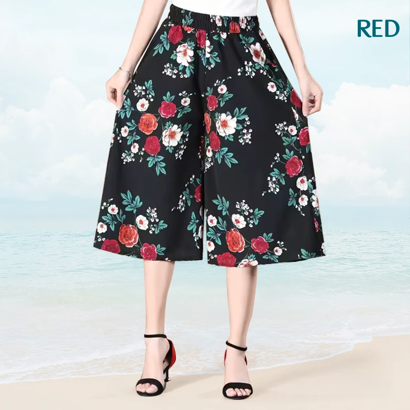 Women's High Elastic Waist Pleated Chiffon Wide Leg Culottes