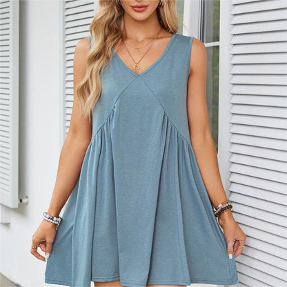 Women’s V-Neck Sleeveless Vest Loose pleated Dress