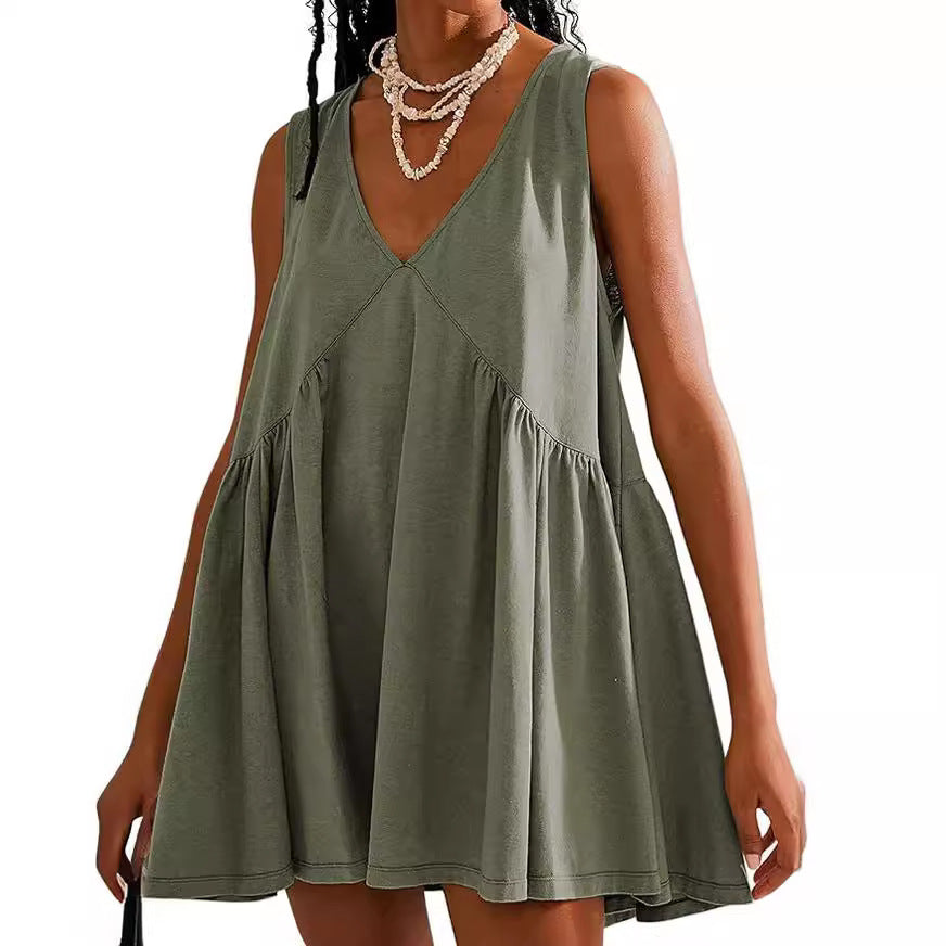 Women’s V-Neck Sleeveless Vest Loose pleated Dress