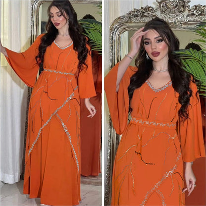 Women’s Elegant Long Sleeve Long Dress with Belt