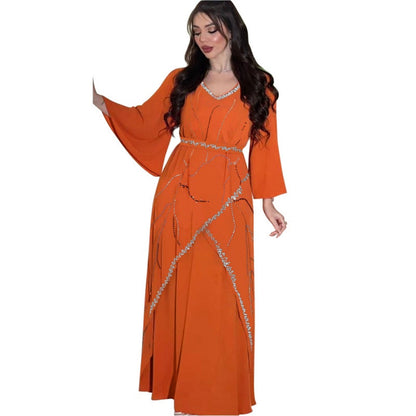 Women’s Elegant Long Sleeve Long Dress with Belt