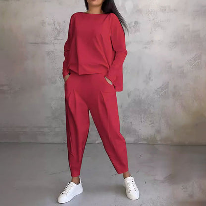 Round-Neck Long-Sleeved Top ＆ Pants 2-Piece Set