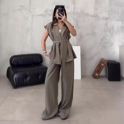 Sleeveless Lapel Top High Waisted Pants 2-Piece Set