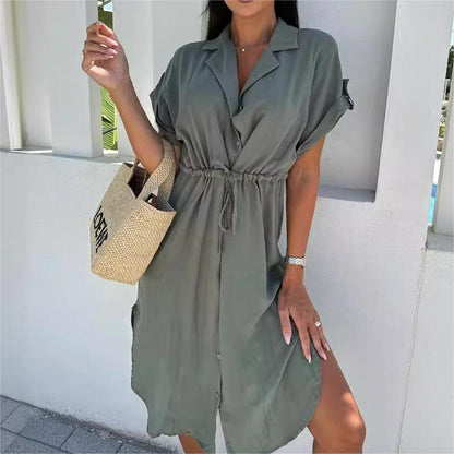 💥Limit Time 60% OFF👗Solid Color Lapel Button Waist-Drawing Dress