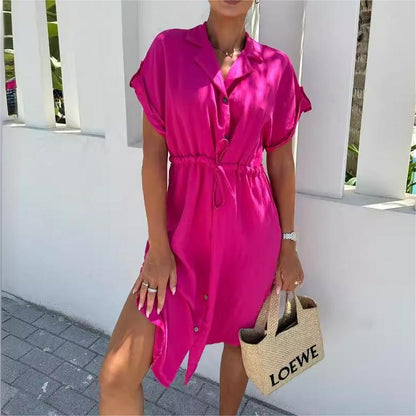 💥Limit Time 60% OFF👗Solid Color Lapel Button Waist-Drawing Dress