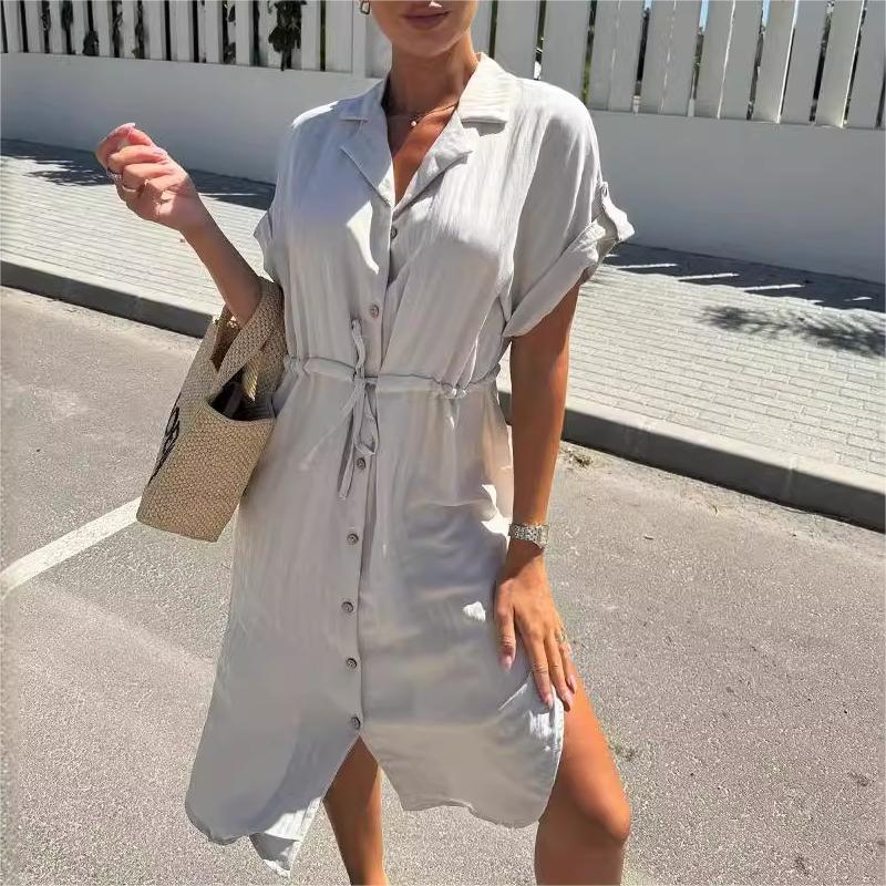 💥Limit Time 60% OFF👗Solid Color Lapel Button Waist-Drawing Dress