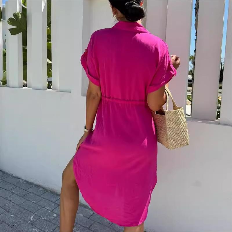 💥Limit Time 60% OFF👗Solid Color Lapel Button Waist-Drawing Dress