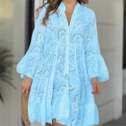 💥Limit Time 60% OFF 🌷Solid Color V-Neck Loose Hollow Out Dress