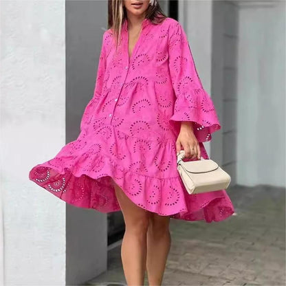 💥Limit Time 60% OFF 🌷Solid Color V-Neck Loose Hollow Out Dress