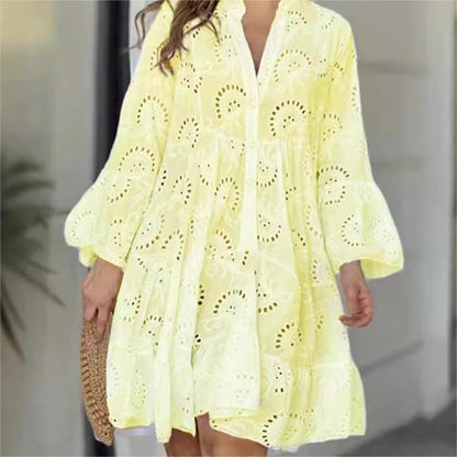 💥Limit Time 60% OFF 🌷Solid Color V-Neck Loose Hollow Out Dress