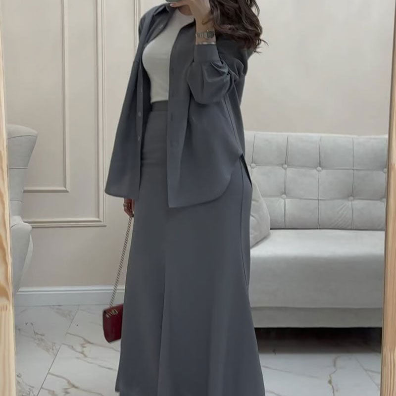 Gray Loose Shirt & Maxi Skirt Two-Piece Suit