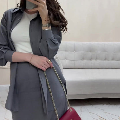 Gray Loose Shirt & Maxi Skirt Two-Piece Suit