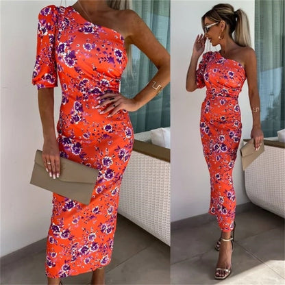 One Shoulder Print Bodycon Dress