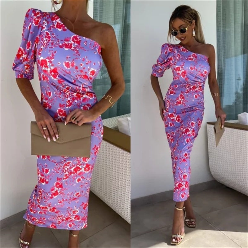 One Shoulder Print Bodycon Dress