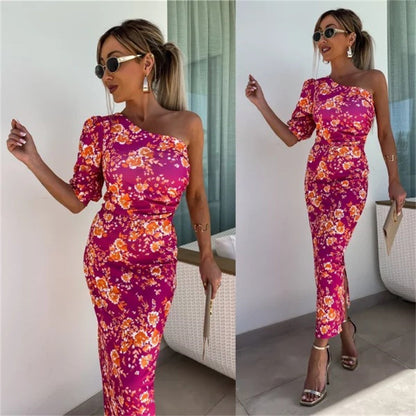 One Shoulder Print Bodycon Dress