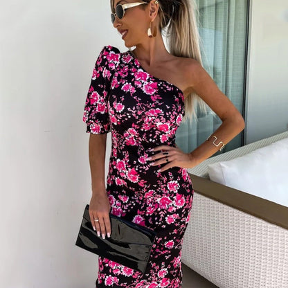 One Shoulder Print Bodycon Dress