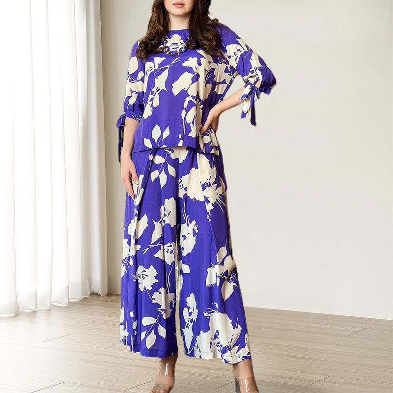 Floral Tie Sleeve Top Wide Leg Pants 2-Piece Set