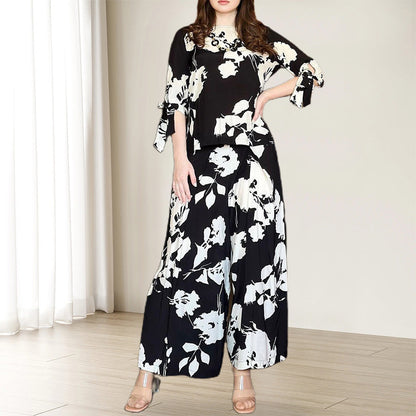 Floral Tie Sleeve Top Wide Leg Pants 2-Piece Set