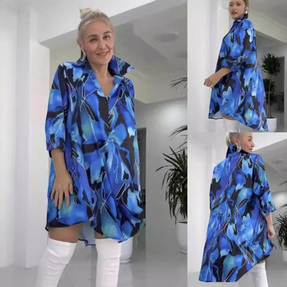 💥Limit Time 60% OFF 💕Fashion Printed V-Neck Lapel Collar Shirt Dress