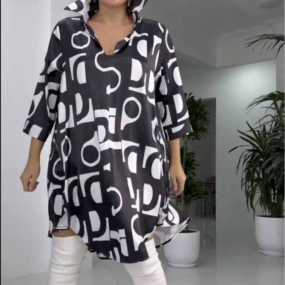 💥Limit Time 60% OFF 💕Fashion Printed V-Neck Lapel Collar Shirt Dress