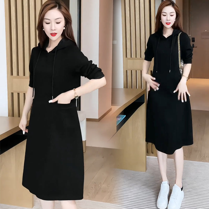 🎅Early Xmas Sales🎄Women's Long Sleeve Hooded Pockets Sweatshirt Dress